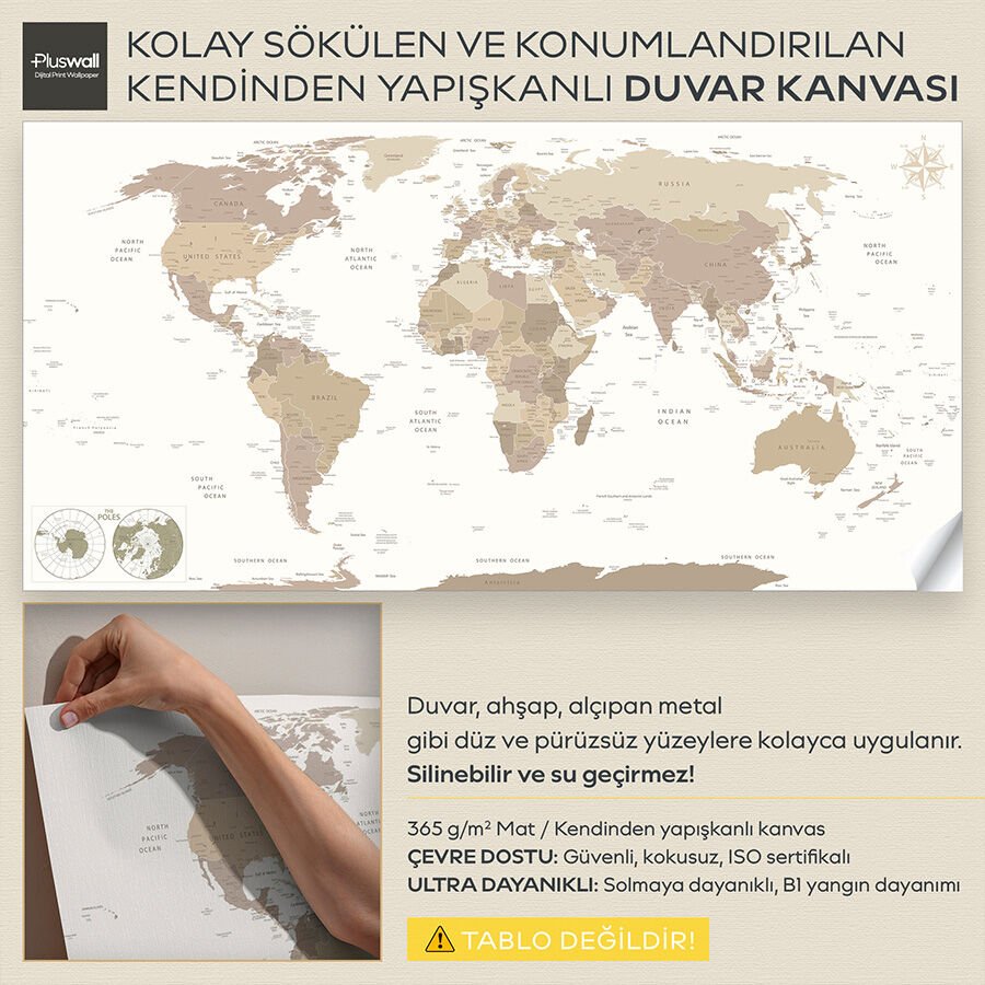 Detaylı Dünya Haritası, Kendinden Yapışkanlı Kalın Kanvas, Boho Çocuk Odası Dekorasyonu