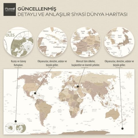 Detaylı Dünya Haritası, Kendinden Yapışkanlı Kalın Kanvas, Boho Çocuk Odası Dekorasyonu