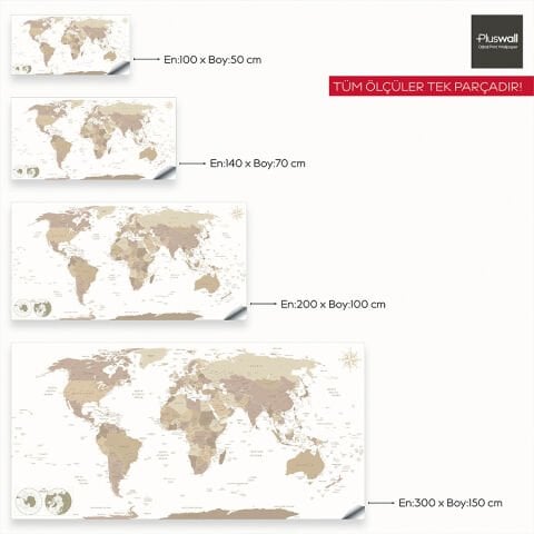 Detaylı Dünya Haritası, Kendinden Yapışkanlı Kalın Kanvas, Boho Çocuk Odası Dekorasyonu