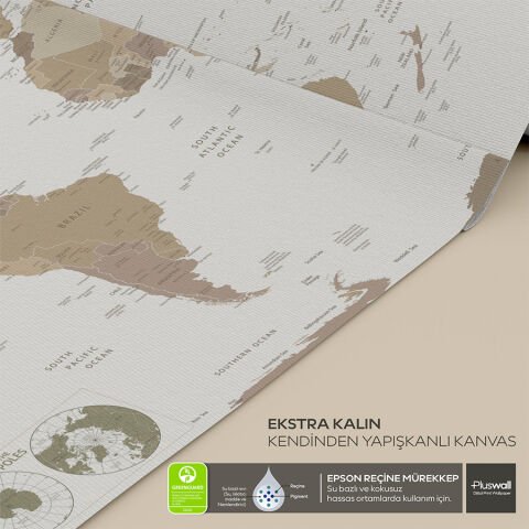 Detaylı Dünya Haritası, Kendinden Yapışkanlı Kalın Kanvas, Boho Çocuk Odası Dekorasyonu 200x100