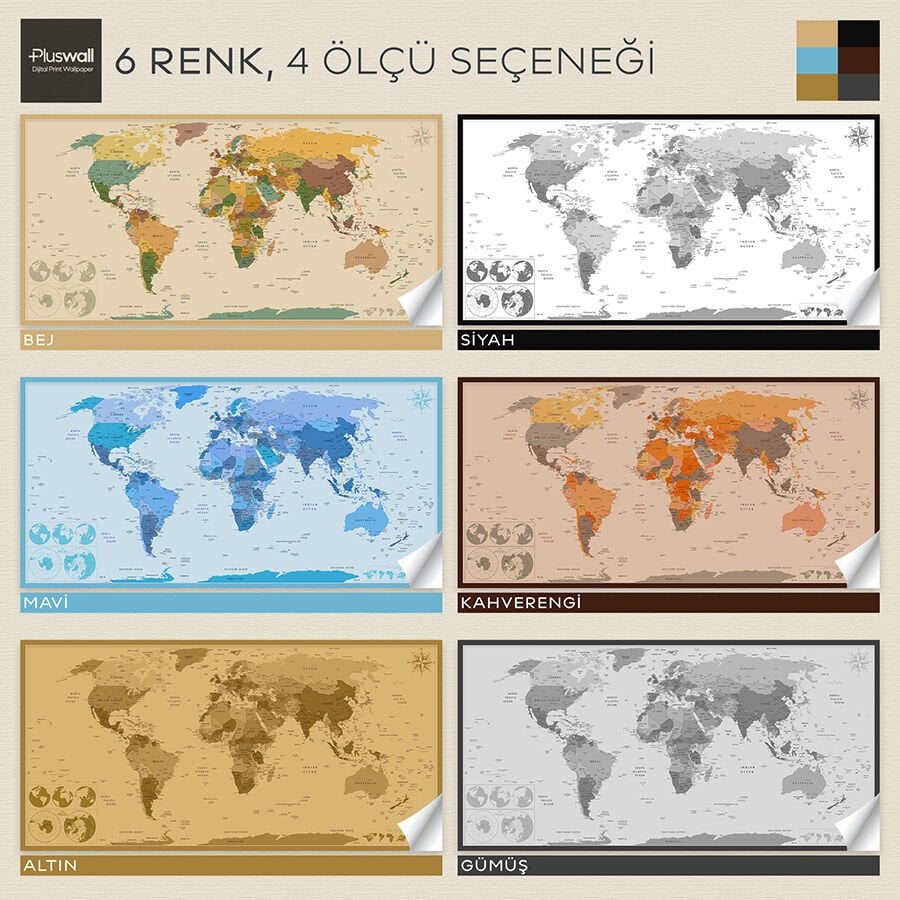 Detaylı Dünya Haritası, Kendinden Yapışkanlı Kalın Kanvas, 6 Renk Seçeneği