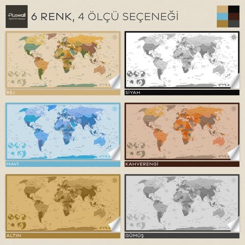 Detaylı Dünya Haritası, Kendinden Yapışkanlı Kalın Kanvas, 6 Renk Seçeneği
