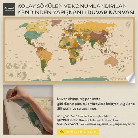 Detaylı Dünya Haritası, Kendinden Yapışkanlı Kalın Kanvas, 6 Renk Seçeneği