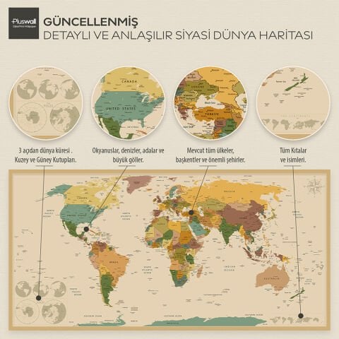 Detaylı Dünya Haritası, Kendinden Yapışkanlı Kalın Kanvas, 6 Renk Seçeneği