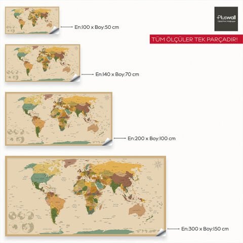 Detaylı Dünya Haritası, Kendinden Yapışkanlı Kalın Kanvas, 6 Renk Seçeneği