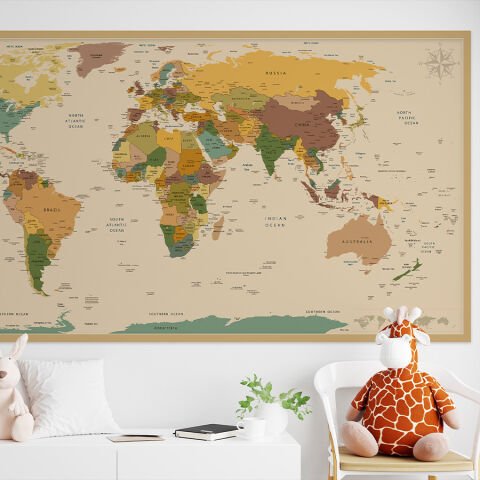 Detaylı Dünya Haritası, Kendinden Yapışkanlı Kalın Kanvas, 6 Renk Seçeneği 300x150 - Bej