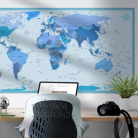 Detaylı Dünya Haritası, Kendinden Yapışkanlı Kalın Kanvas, 6 Renk Seçeneği 140x70 - Mavi