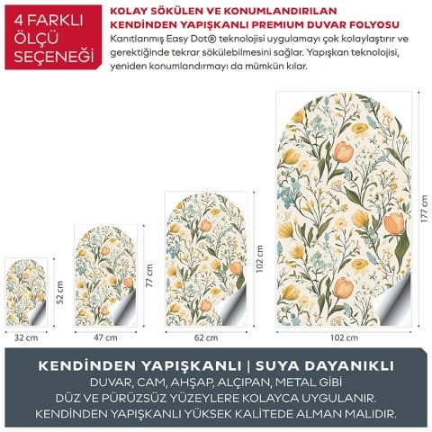 Kendinden Yapışkanlı Oval Kesim Çiçek Desenli Duvar Kağıdı Stickeri 100x175cm
