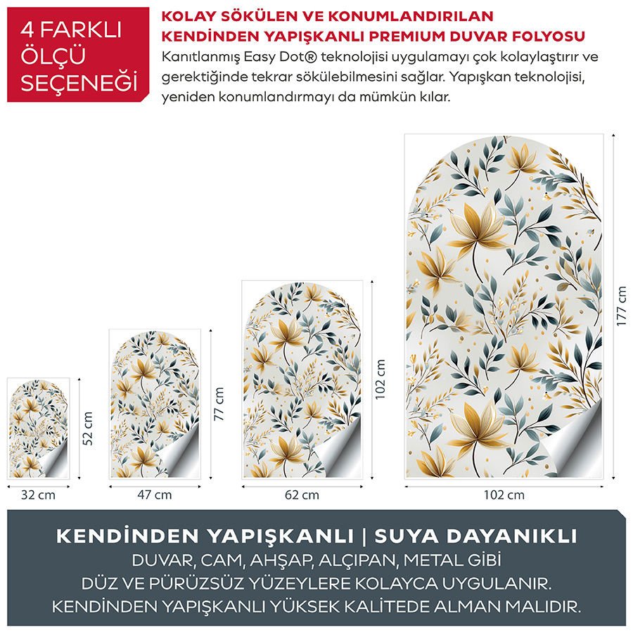 Kendinden Yapışkanlı Oval Kesim Zarif Çiçekler Duvar Kağıdı Stickeri 30x50cm