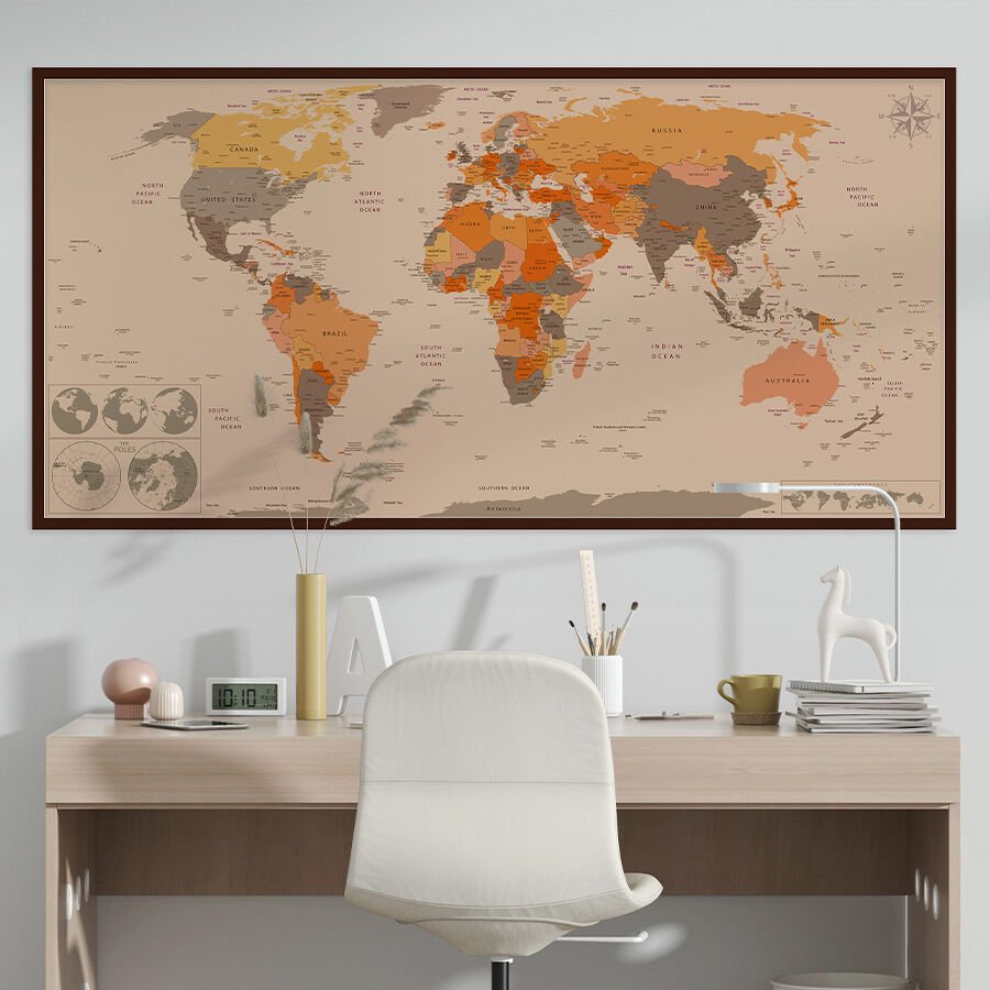 Detaylı Dünya Haritası, Kendinden Yapışkanlı Kalın Kanvas, 6 Renk Seçeneği 300x150 - Kahverengi