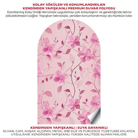 Kendinden Yapışkanlı Oval Kesim Pembe Çiçek Desenli Duvar Kağıdı Stickeri