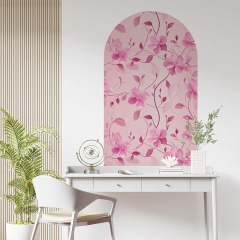 Kendinden Yapışkanlı Oval Kesim Pembe Çiçek Desenli Duvar Kağıdı Stickeri