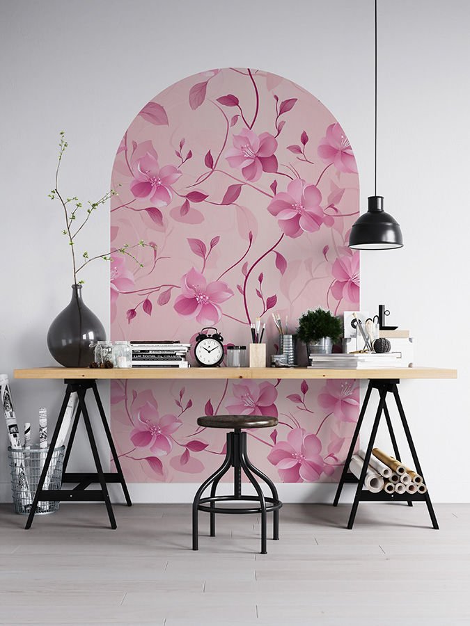 Kendinden Yapışkanlı Oval Kesim Pembe Çiçek Desenli Duvar Kağıdı Stickeri