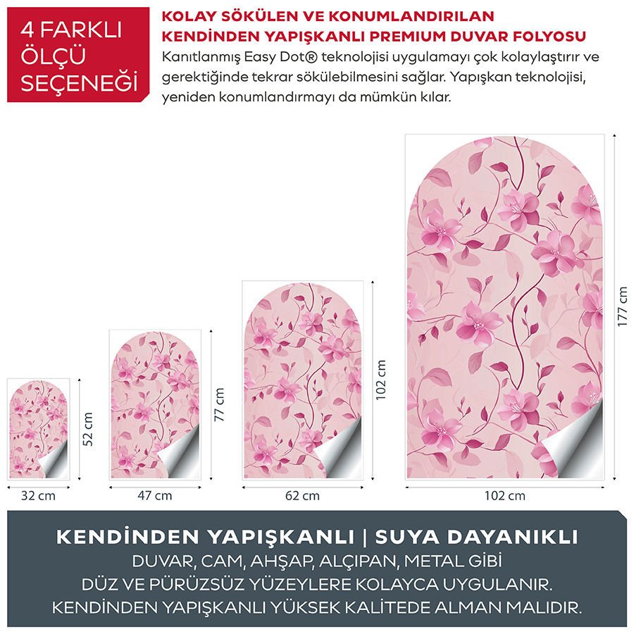 Kendinden Yapışkanlı Oval Kesim Pembe Çiçek Desenli Duvar Kağıdı Stickeri 30x50cm