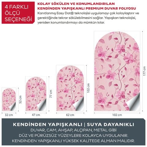 Kendinden Yapışkanlı Oval Kesim Pembe Çiçek Desenli Duvar Kağıdı Stickeri 30x50cm