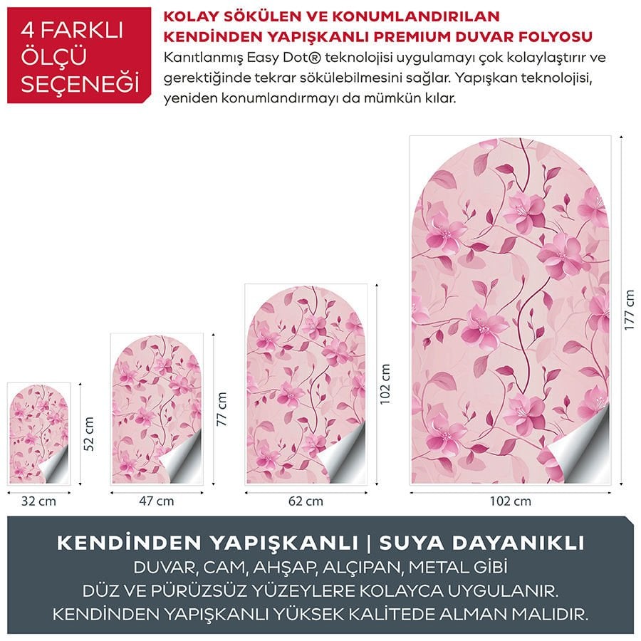 Kendinden Yapışkanlı Oval Kesim Pembe Çiçek Desenli Duvar Kağıdı Stickeri 45x75cm