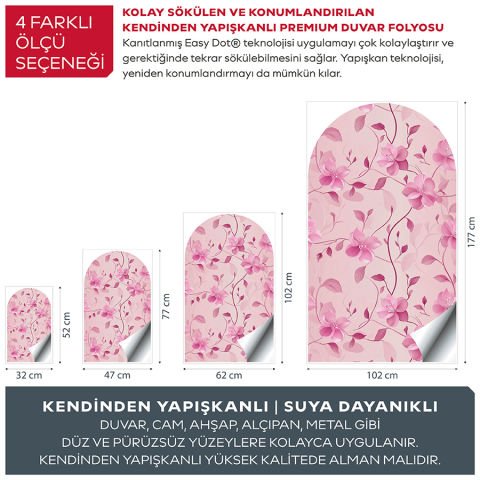 Kendinden Yapışkanlı Oval Kesim Pembe Çiçek Desenli Duvar Kağıdı Stickeri 100x175cm