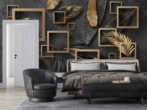 3D Modern Tasarım Altın Çerçeve ve Tropikal Yaprak Desenli Antrasit Duvar Kağıdı