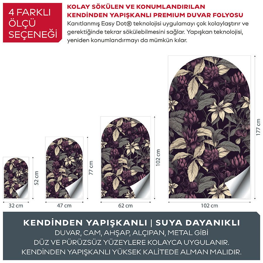 Kendinden Yapışkanlı Oval Kesim Vintage Çiçek Desenli Duvar Kağıdı Stickeri 100x175cm