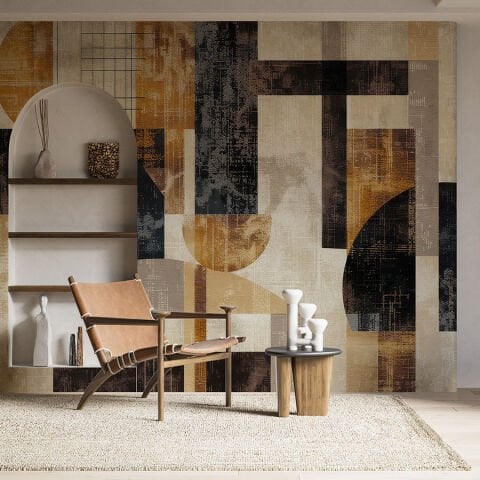 Toprak Tonlarında Soyut Geometrik Duvar Kağıdı, Minimalist ve Çağdaş İç Mekanlar İçin Modern Sanat Duvar Kağıdı