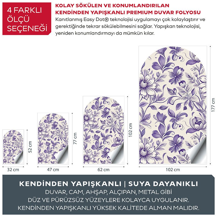 Kendinden Yapışkanlı Oval Kesim Çiçek Desenli Duvar Kağıdı Stickeri 100x175cm