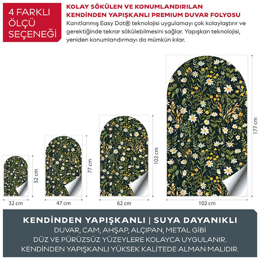 Kendinden Yapışkanlı Oval Kesim Papatya Desenli Duvar Kağıdı Stickeri 30x50cm