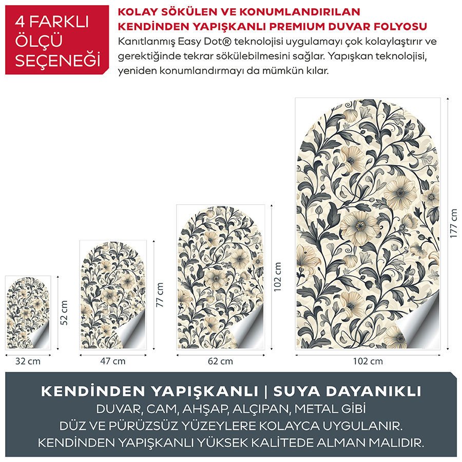 Kendinden Yapışkanlı Oval Kesim Çiçek Desenli Duvar Kağıdı Stickeri 30x50cm
