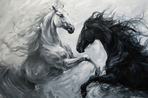 Siyah ve Beyaz At Temalı Sanatsal Duvar Kağıdı