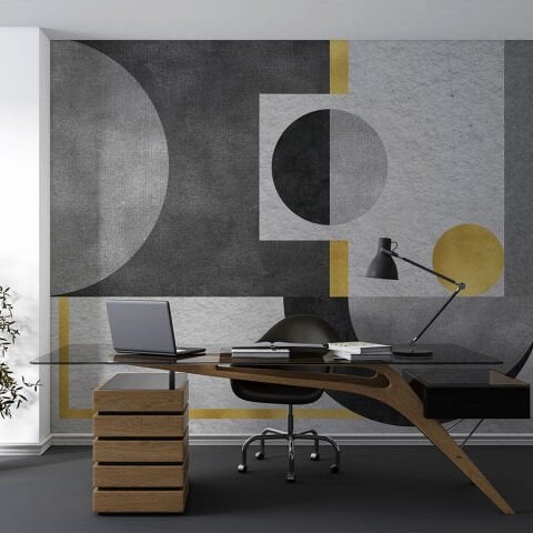 Gri Altın Tonlarda Geometrik Duvar Kağıdı, Beton Dokulu Duvar Resmi