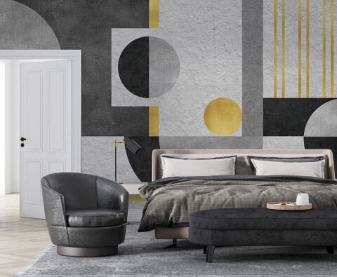 Gri Altın Tonlarda Geometrik Duvar Kağıdı, Beton Dokulu Duvar Resmi