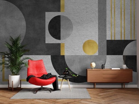 Gri Altın Tonlarda Geometrik Duvar Kağıdı, Beton Dokulu Duvar Resmi