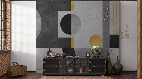 Gri Altın Tonlarda Geometrik Duvar Kağıdı, Beton Dokulu Duvar Resmi