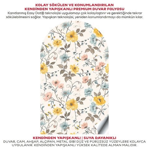 Kendinden Yapışkanlı Oval Kesim Çiçek Desenli Duvar Kağıdı Stickeri