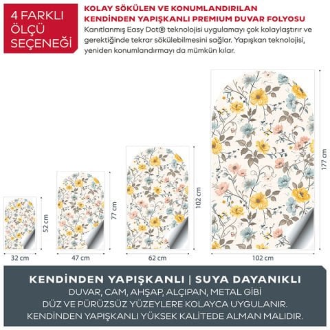 Kendinden Yapışkanlı Oval Kesim Çiçek Desenli Duvar Kağıdı Stickeri
