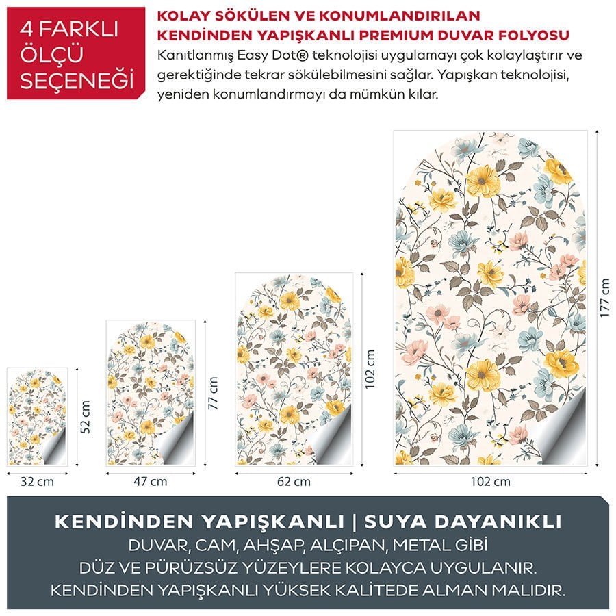 Kendinden Yapışkanlı Oval Kesim Çiçek Desenli Duvar Kağıdı Stickeri 60x100cm