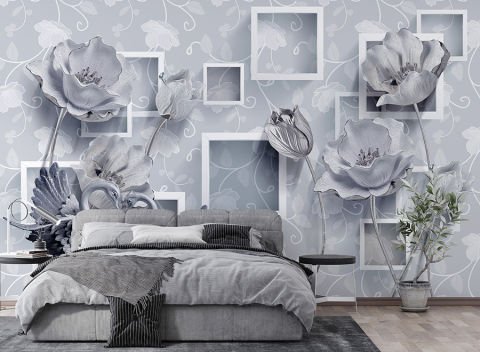 Gümüş Renkli Kuğu ve Çiçek Desenli 3D Duvar Kağıdı