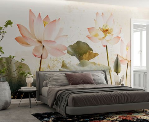 Lotus Çiçekleri Desenli Doğal ve Zarif Duvar Kağıdı