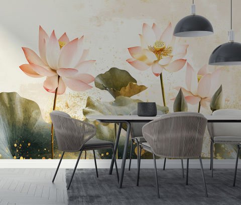 Lotus Çiçekleri Desenli Doğal ve Zarif Duvar Kağıdı