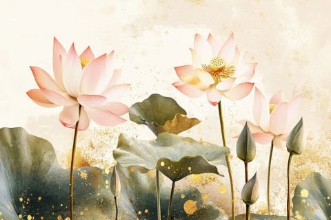Lotus Çiçekleri Desenli Doğal ve Zarif Duvar Kağıdı
