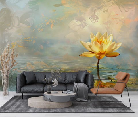 Sarı Lotus Çiçekli Sanatsal Doğa Dekorasyonu Duvar Kağıdı