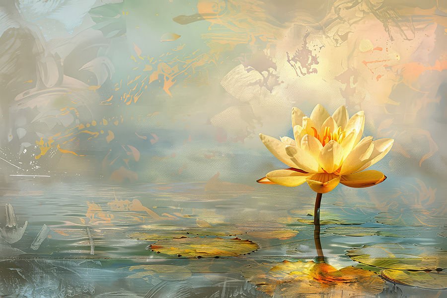 Sarı Lotus Çiçekli Sanatsal Doğa Dekorasyonu Duvar Kağıdı