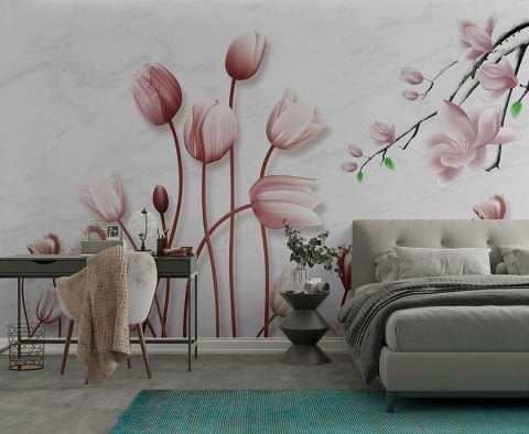 Pembe Lale ve Manolya Çiçekleri Mermer Desenli Duvar Kağıdı