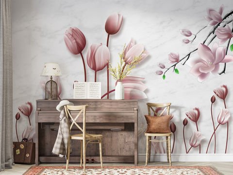 Pembe Lale ve Manolya Çiçekleri Mermer Desenli Duvar Kağıdı