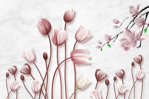 Pembe Lale ve Manolya Çiçekleri Mermer Desenli Duvar Kağıdı