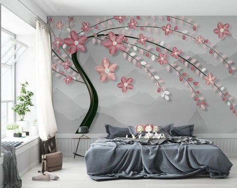 Pembe Çiçekler ve Modern Ağaç Desenli Duvar Kağıdı