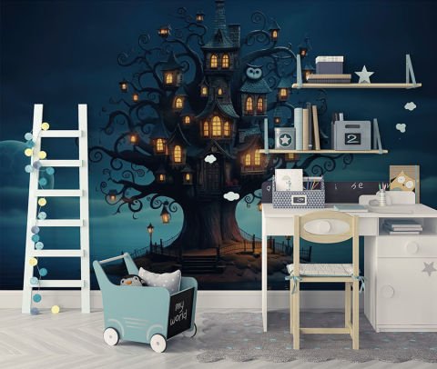 Işıklı Ağaç Evi Dekoratif Çocuk Odası Duvar Kağıdı