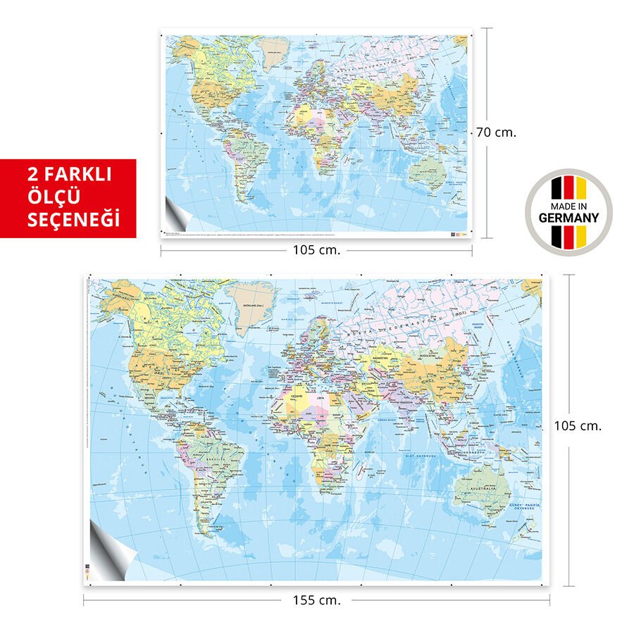 Türkçe Dünya Haritası Kendinden Yapışkanlı Duvar Stickeri 70x105 Cm.
