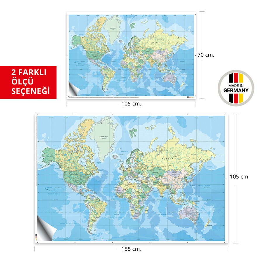 Kendinden Yapışkanlı Eğitim Amaçlı Siyasi Dünya Haritası Duvar Stickerı 100x150 Cm.