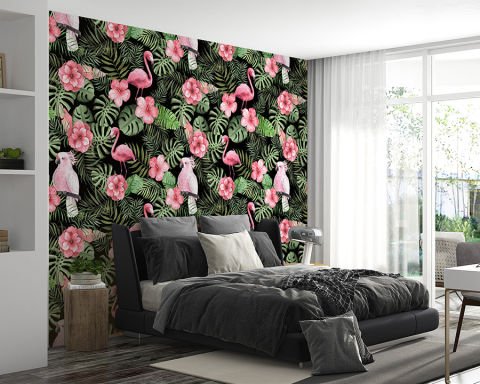Tropikal Yapraklar Flamingo ve Papağan Desenli Duvar Kağıdı