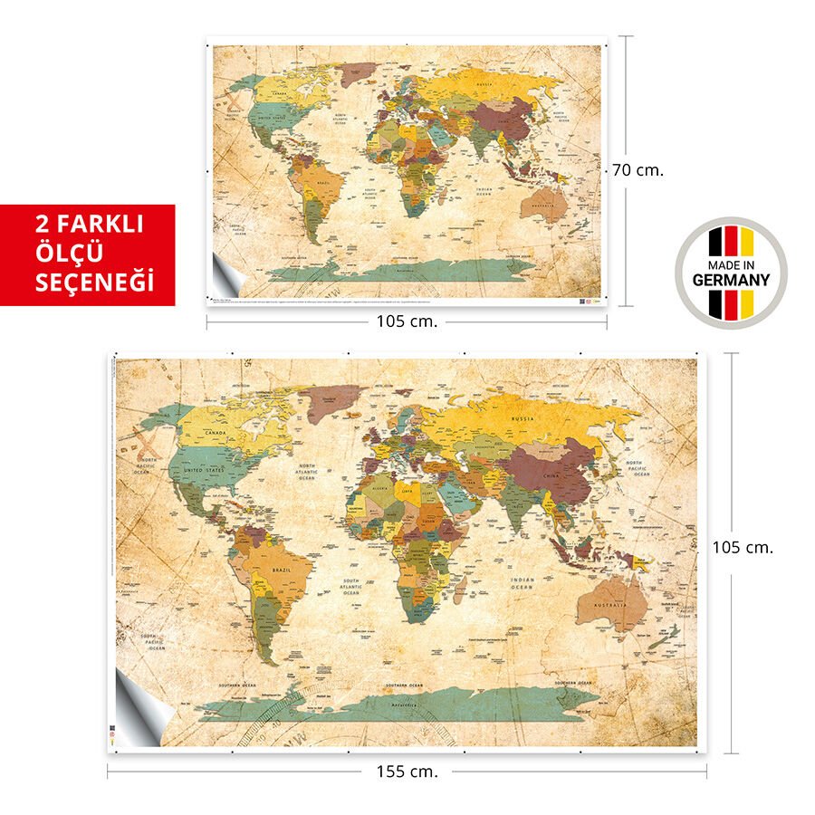 Modern Şık Okul ve Eğitim için Uygun Dünya Haritası Duvar Sticker 100x150 Cm.